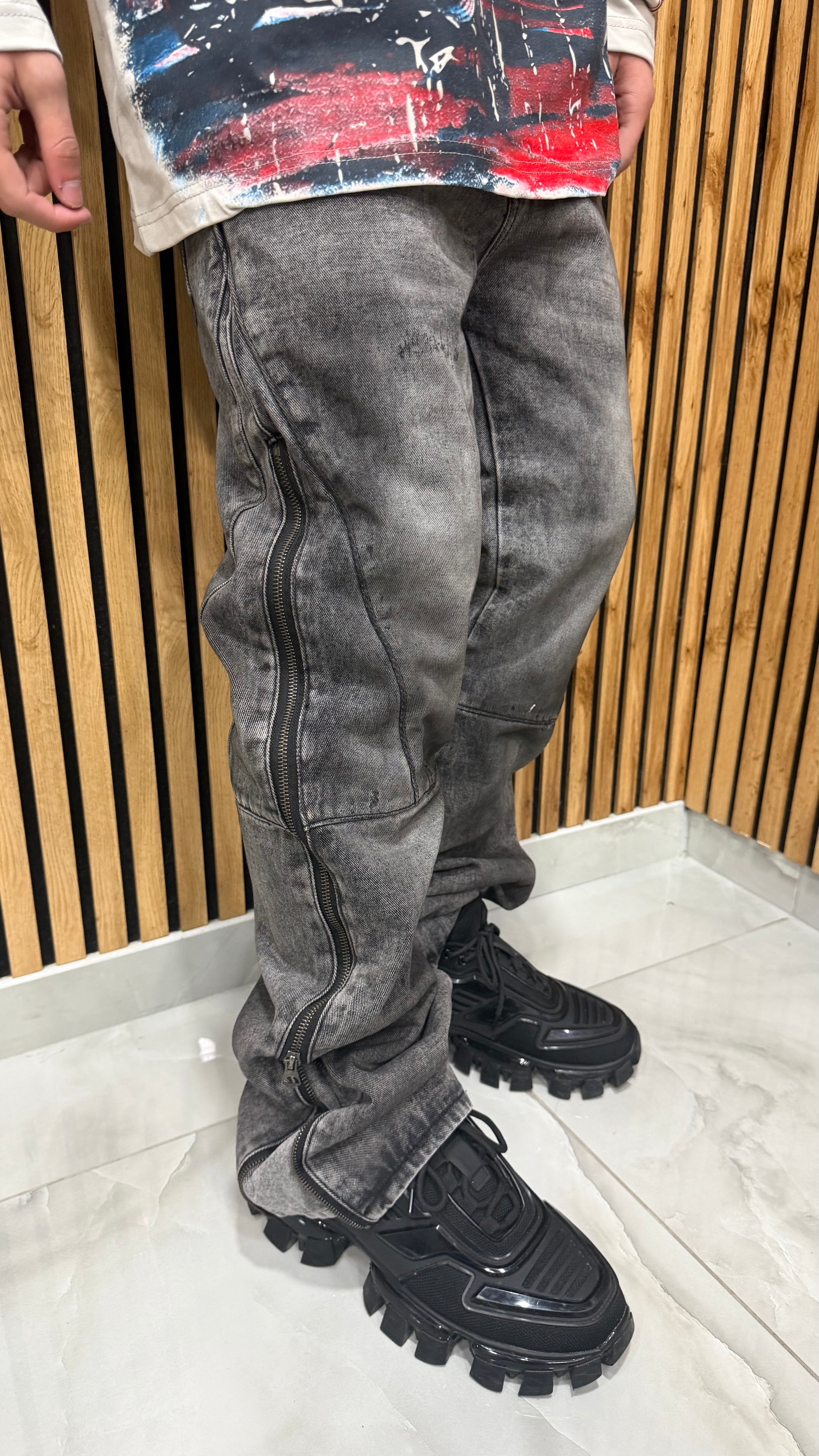 Jeans Flare Baggy Grey Zipped