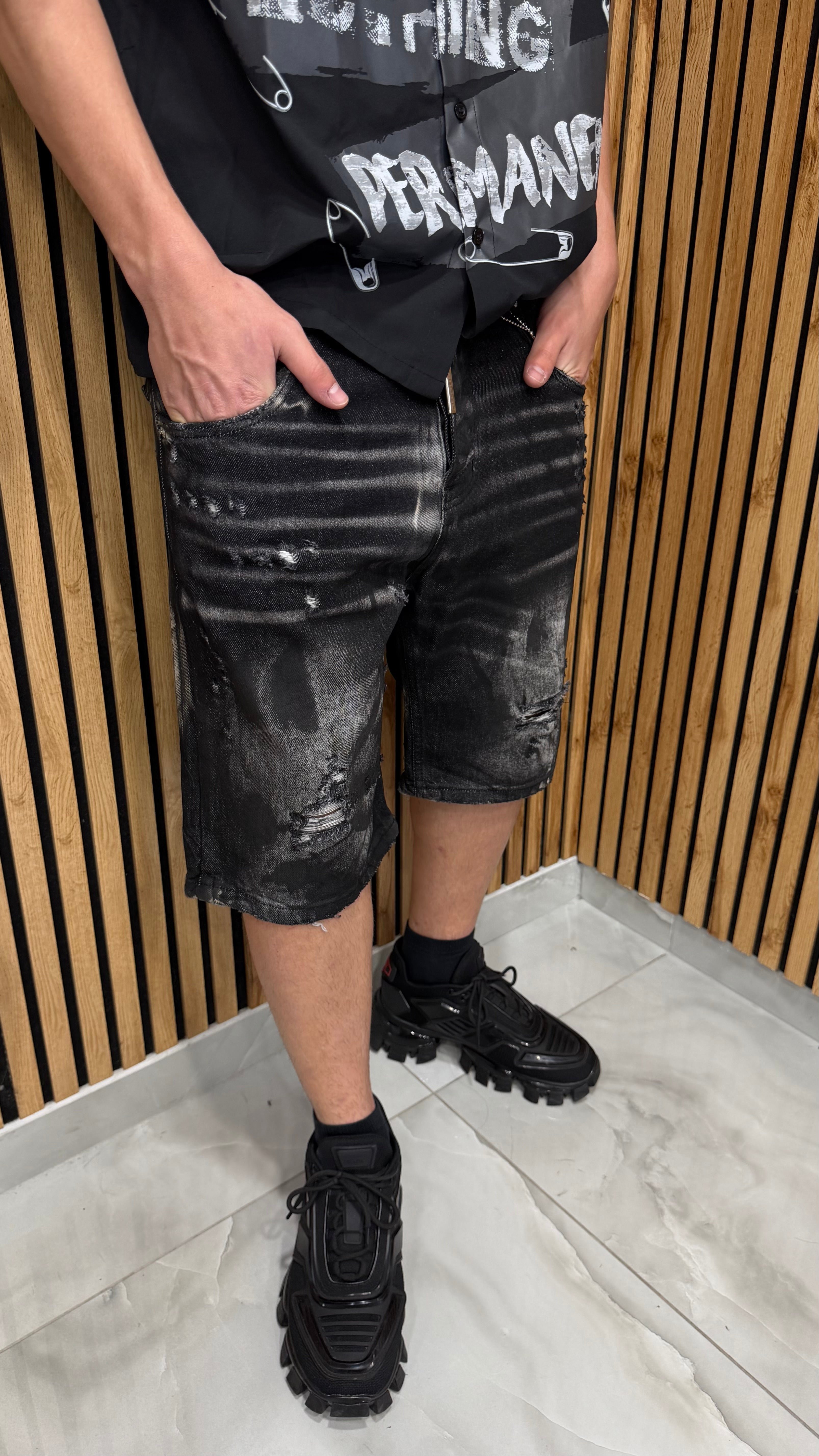 Jeans Short Marble Effect Black Cianotic