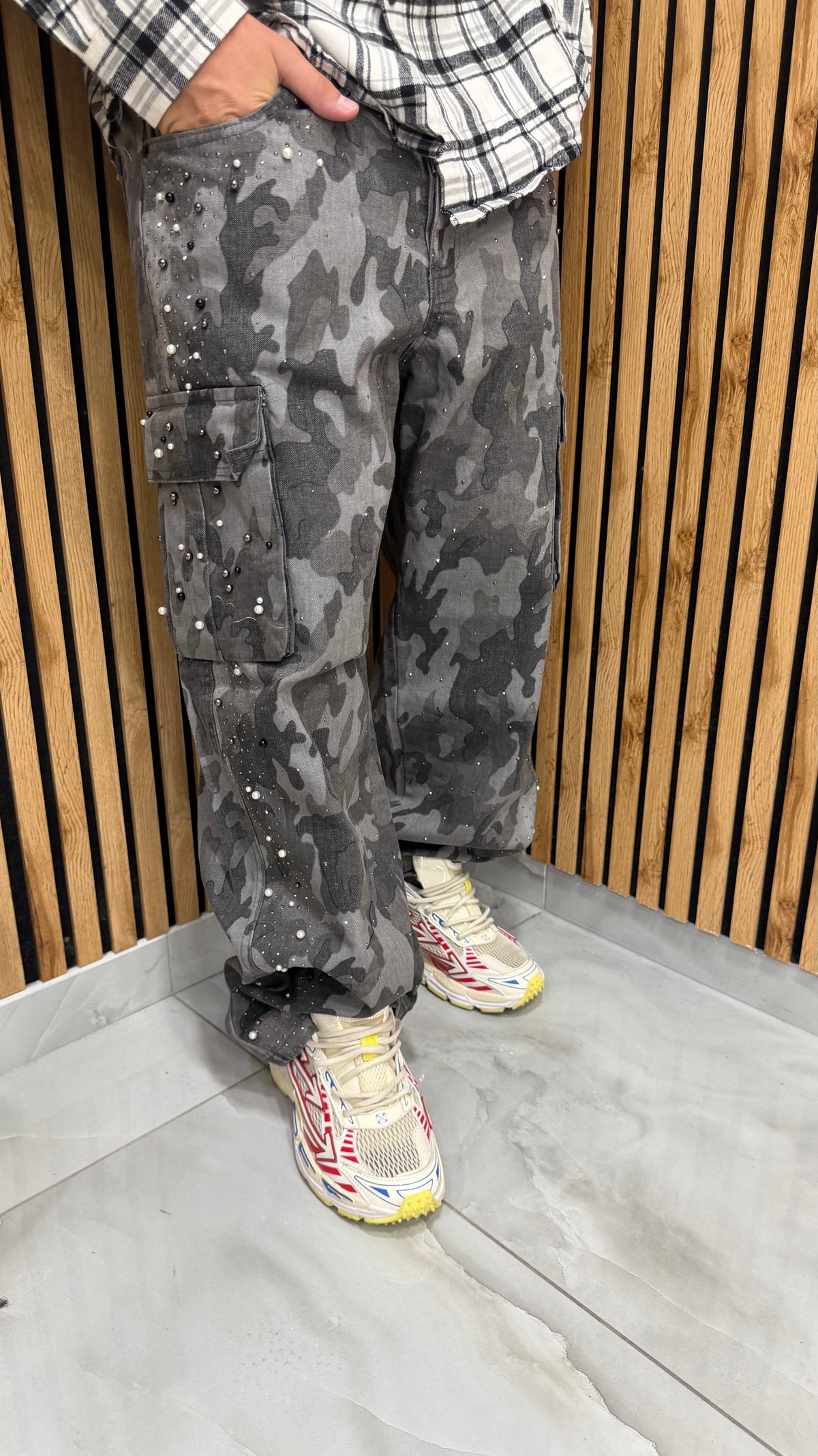 Jeans Uomo Cargo Army Strass Gray Cianotic