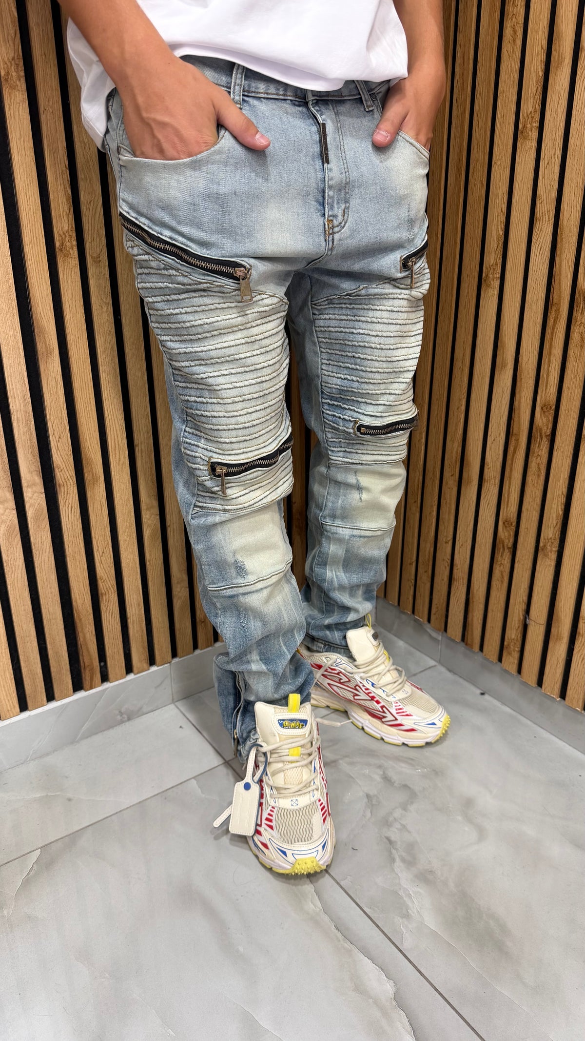 Jeans Uomo Biker Zip Sabbiato